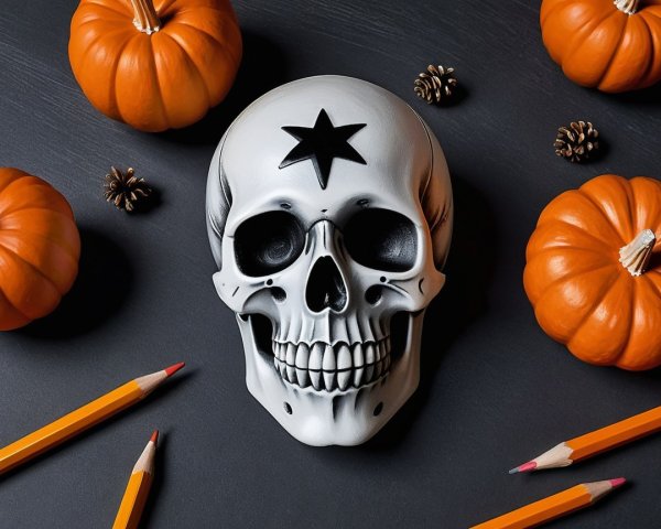 Decorative Skull with Pumpkins and Colored Pencils