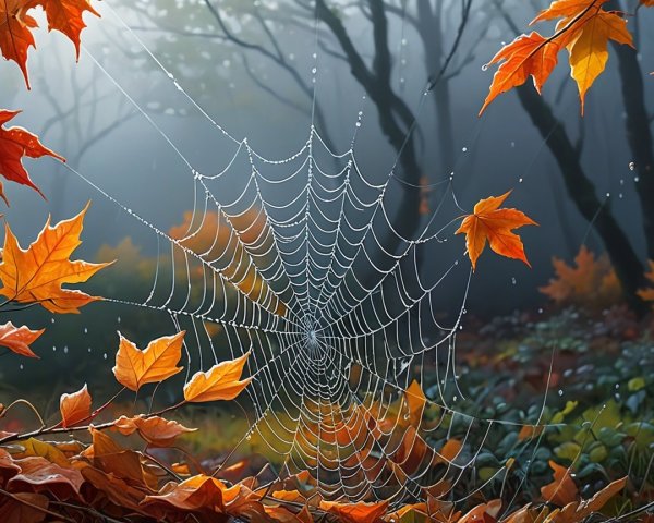 Delicate spiderweb with dewdrops in autumn leaves