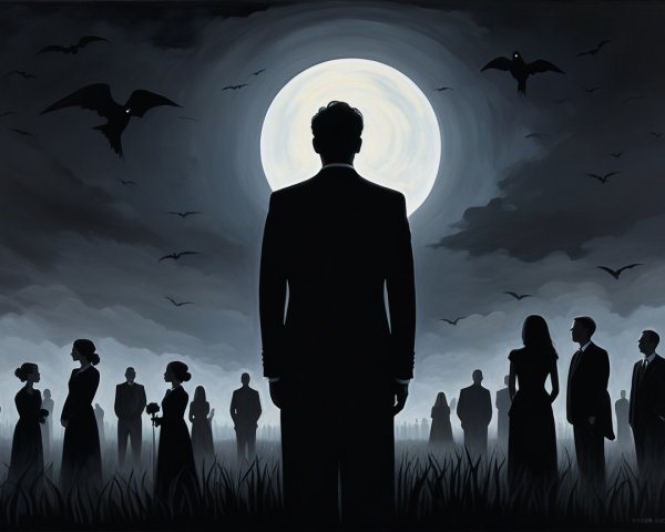 Moonlit Scene with Silhouette and Shadowy Figures