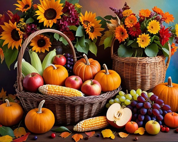 Autumn Display with Pumpkins, Apples, and Sunflowers