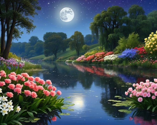 Serene Night Scene by a Tranquil River with Moonlight