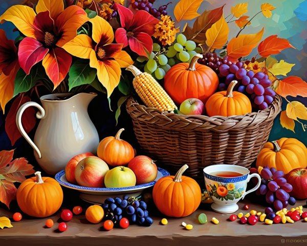 Autumn Scene with Pumpkins, Leaves, and Flowers