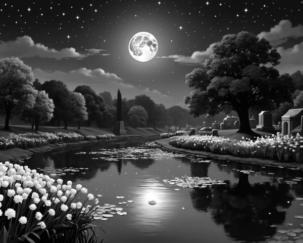 Moonlit River Landscape with Trees and Flowers