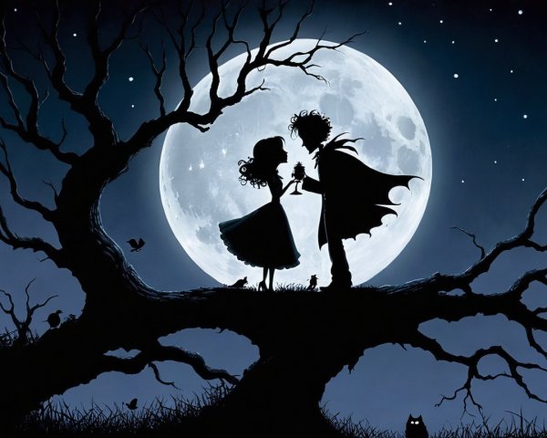 Couple on Tree Branch Under Full Moon with Lantern