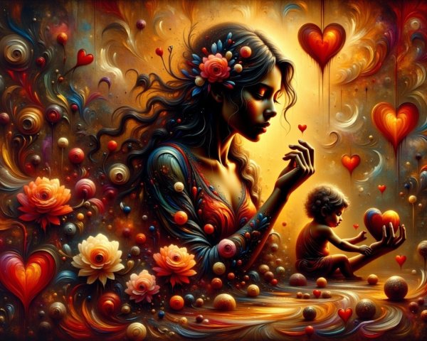 Abstract Mother and Child with Hearts and Flowers