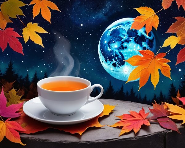 Cup of tea with autumn leaves and a starry night sky