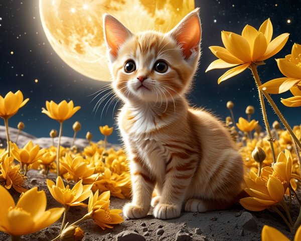 Orange Tabby Kitten in Yellow Flower Field at Night