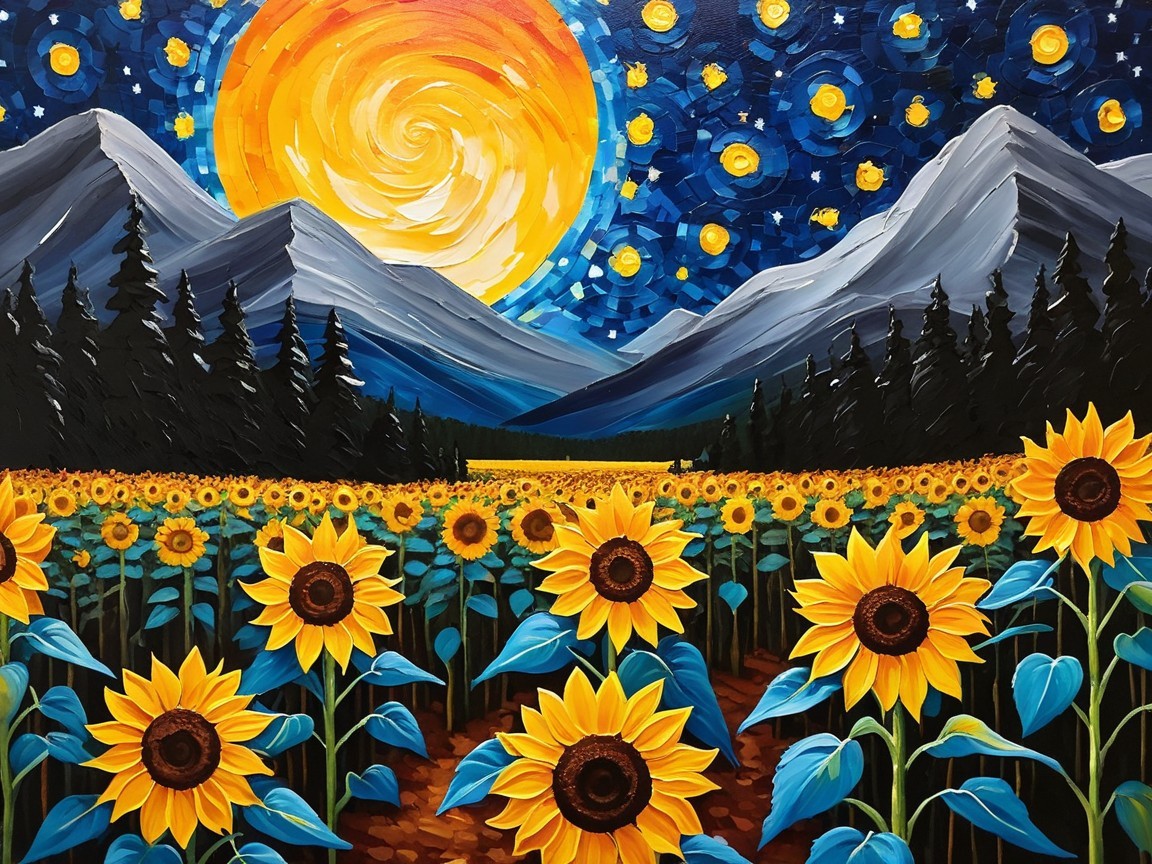 Vibrant Landscape with Sunflowers and Night Sky