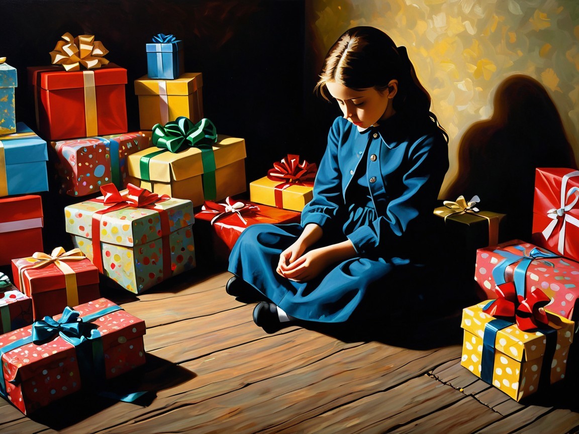 Young girl in blue dress surrounded by colorful gifts