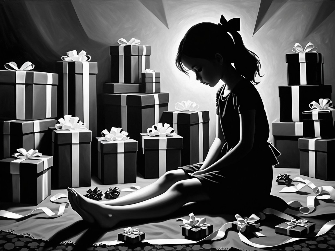 Young girl surrounded by beautifully wrapped gifts