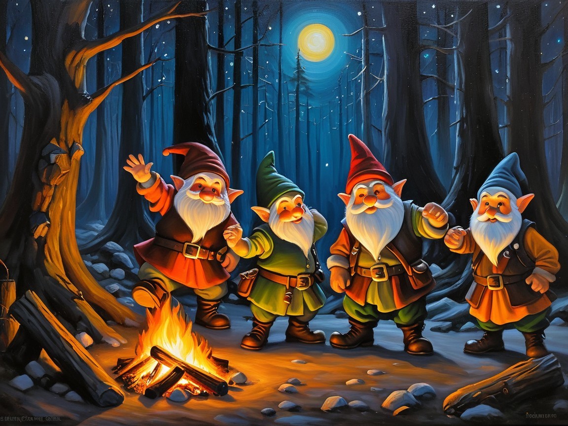 Gnomes Gather Around Campfire in Moonlit Forest Clearing