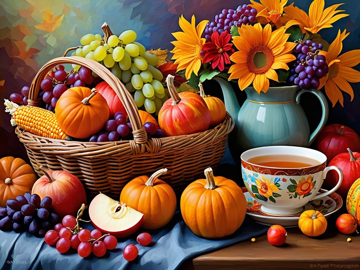 Vibrant Still Life of Fruits and Autumn Decor