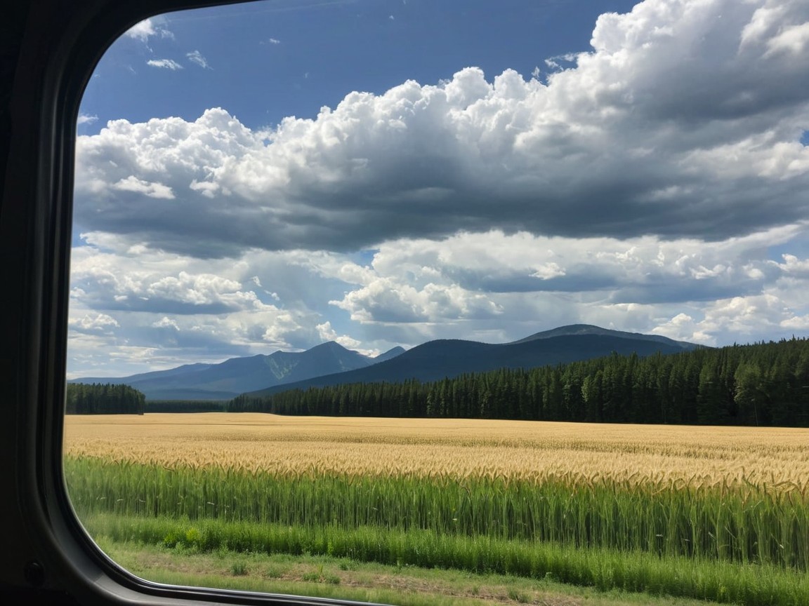 Scenic Train Window View of Wheat Fields and Mountains