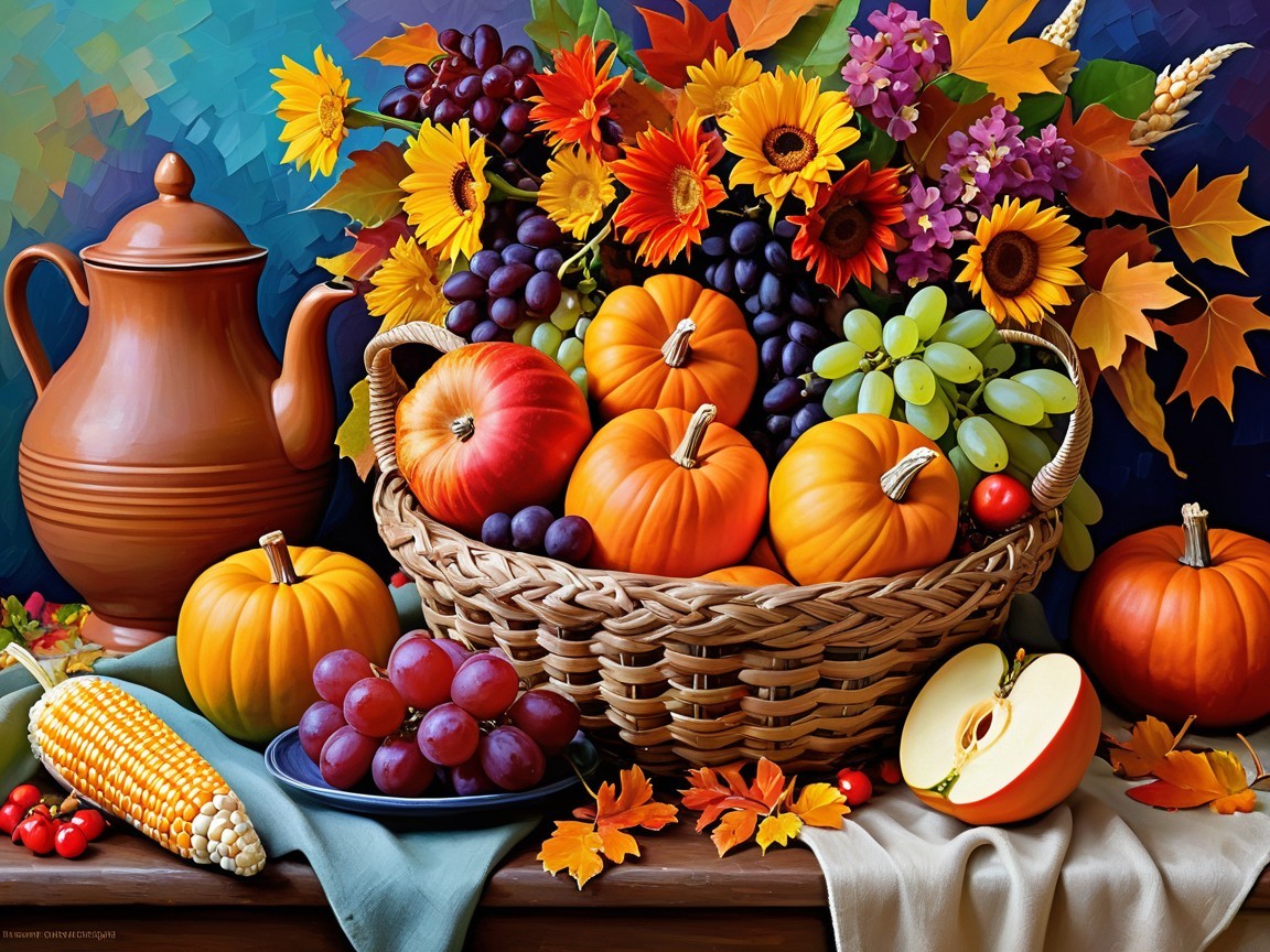 Vibrant Autumn Scene with Harvest Basket and Colors