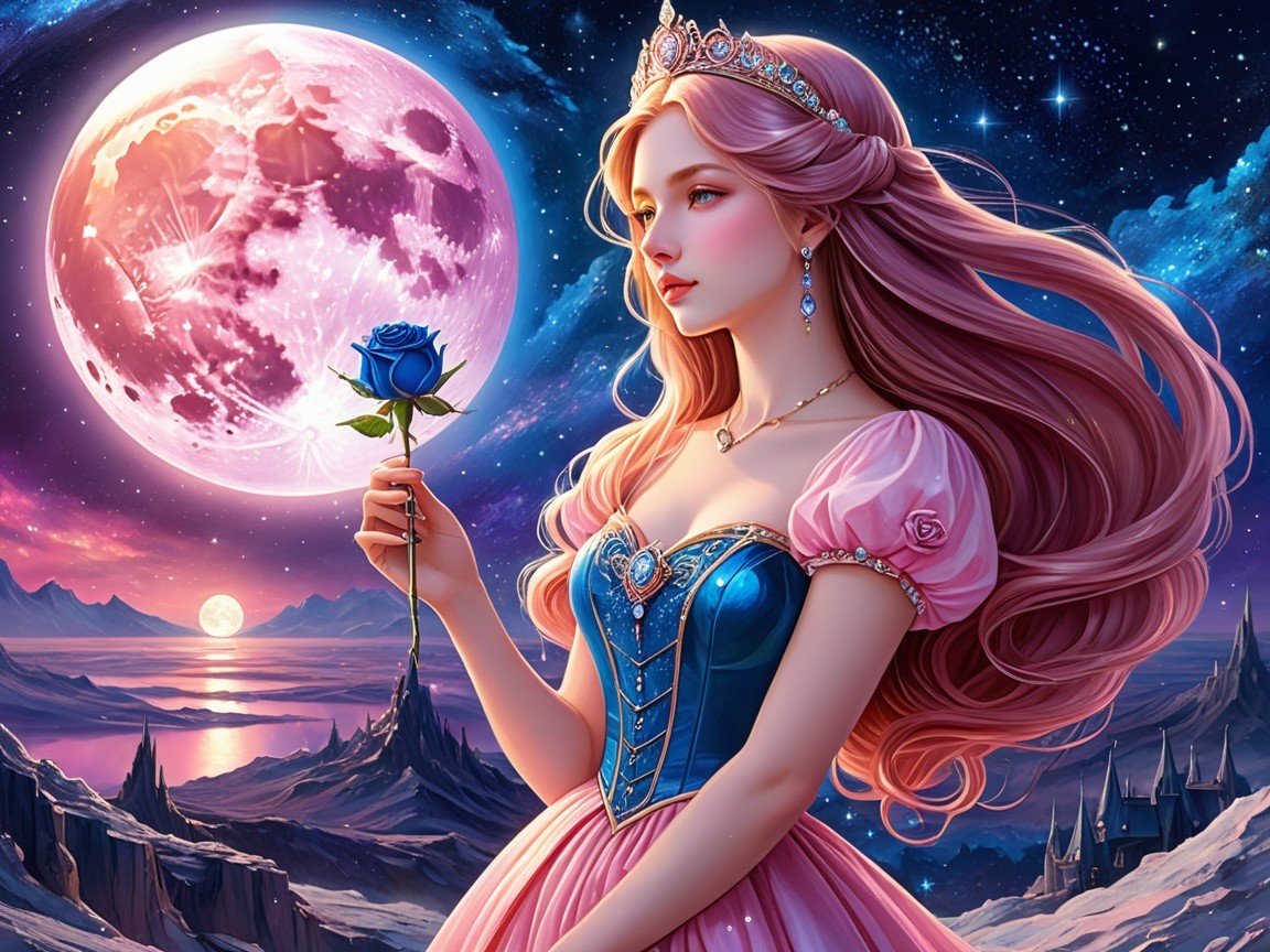 Young woman in gown with pink hair and moonlit backdrop
