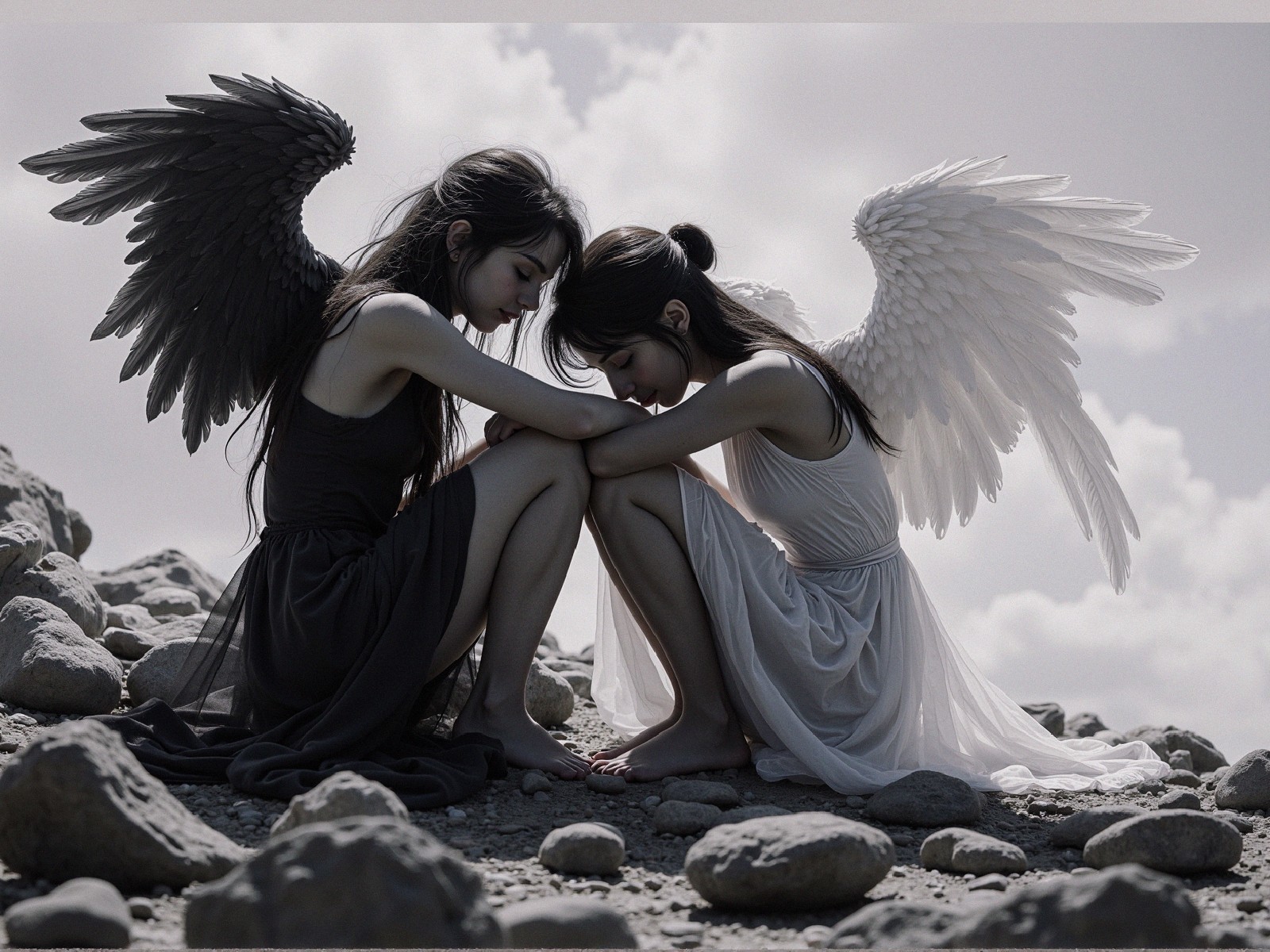 Ethereal Figures in Rocky Landscape Under Cloudy Sky