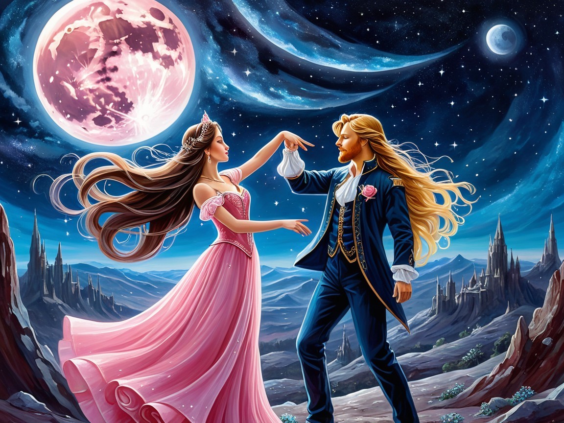 Romantic Dance Under a Starry Sky with Full Moon