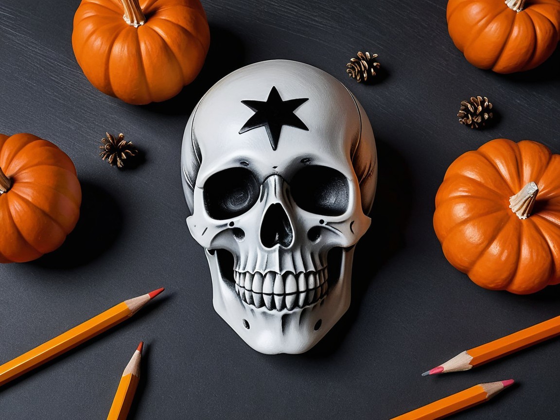Decorative Skull with Pumpkins and Colored Pencils