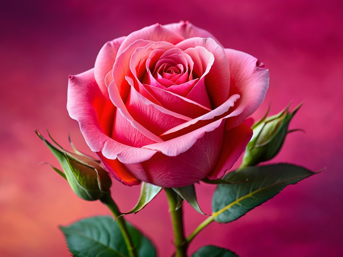 Vibrant Pink Rose with Colorful Background and Greenery