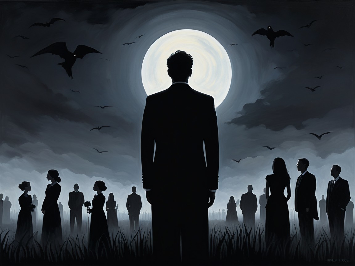 Moonlit Scene with Silhouette and Shadowy Figures