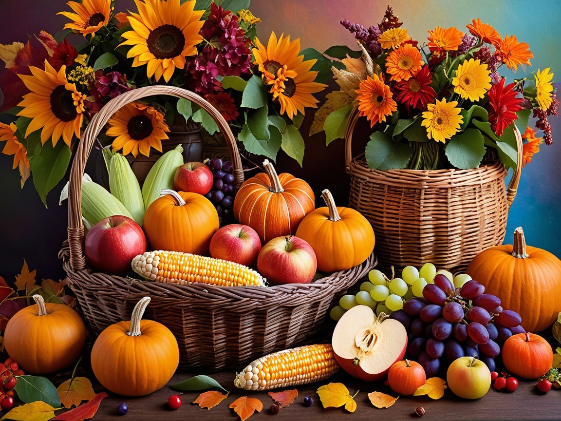 Autumn Display with Pumpkins, Apples, and Sunflowers