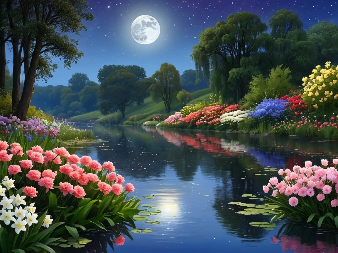 Serene Night Scene by a Tranquil River with Moonlight