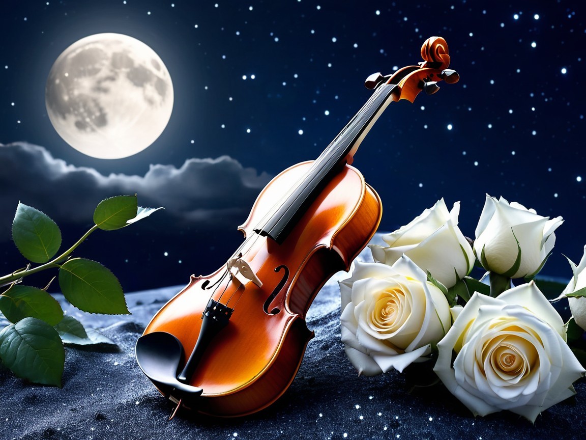 Violin and White Roses Under Full Moonlit Sky