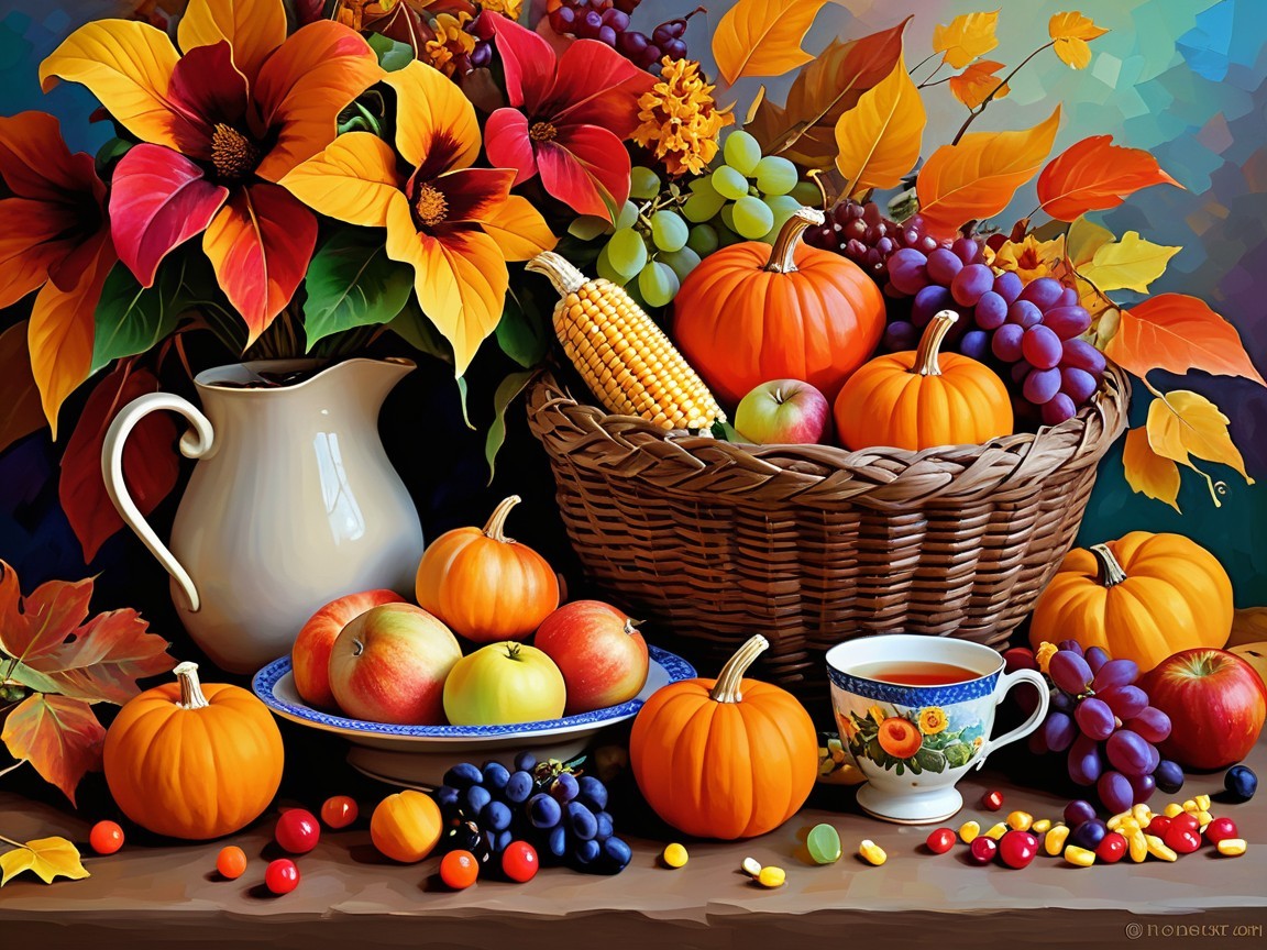 Autumn Scene with Pumpkins, Leaves, and Flowers
