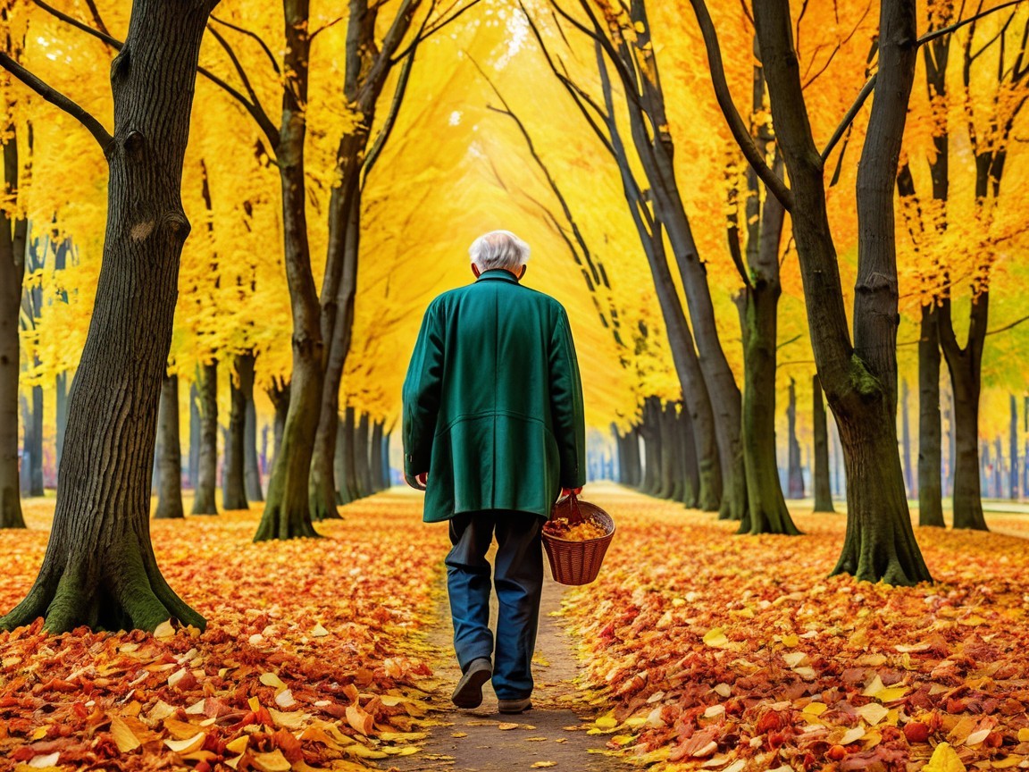 Elderly Man Walking on Autumn Path with Golden Trees