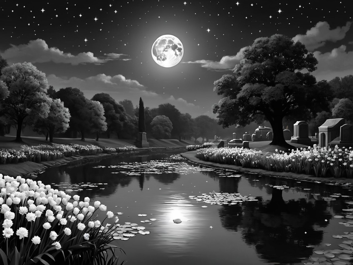 Moonlit River Landscape with Trees and Flowers