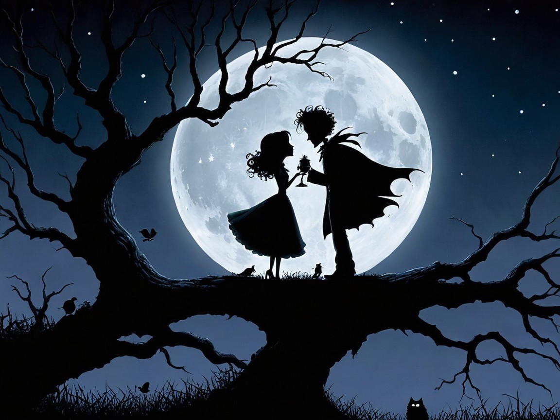 Couple on Tree Branch Under Full Moon with Lantern