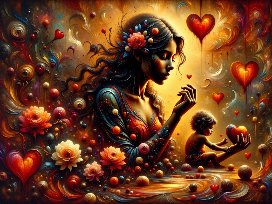Abstract Mother and Child with Hearts and Flowers
