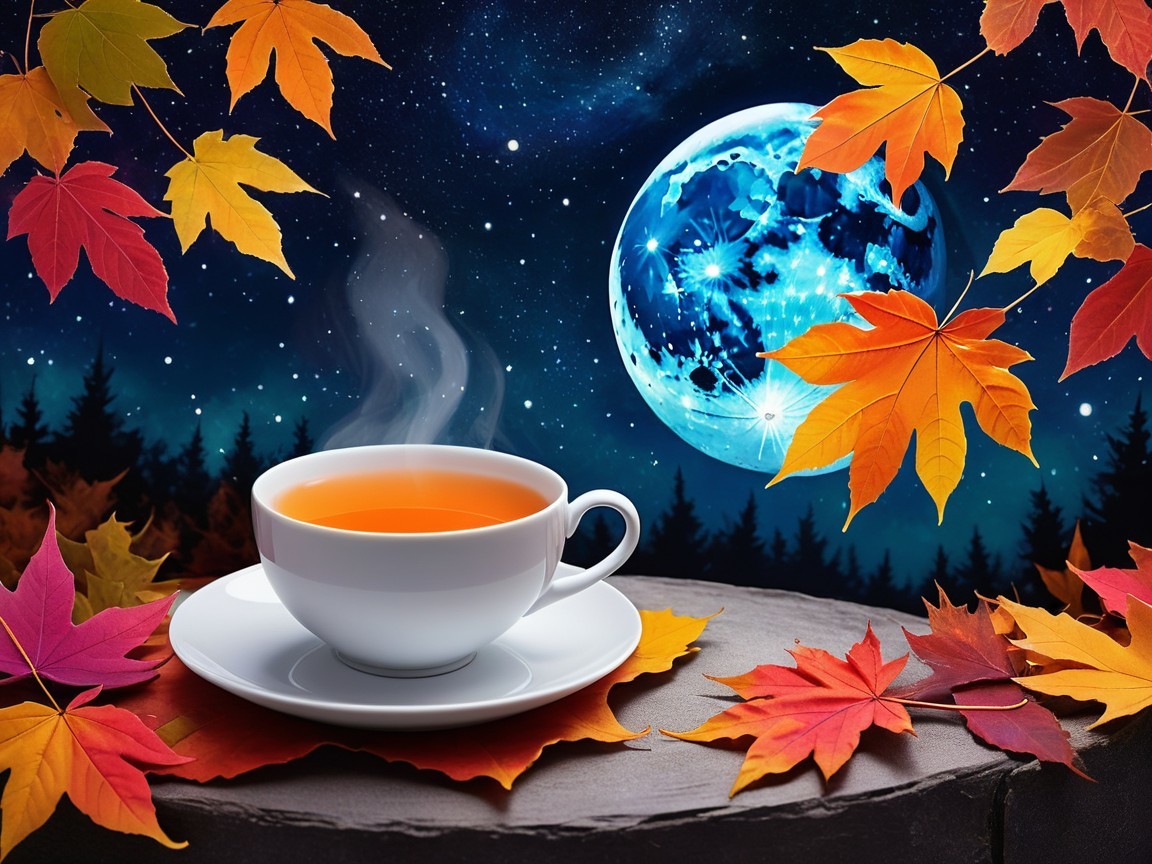 Cup of tea with autumn leaves and a starry night sky