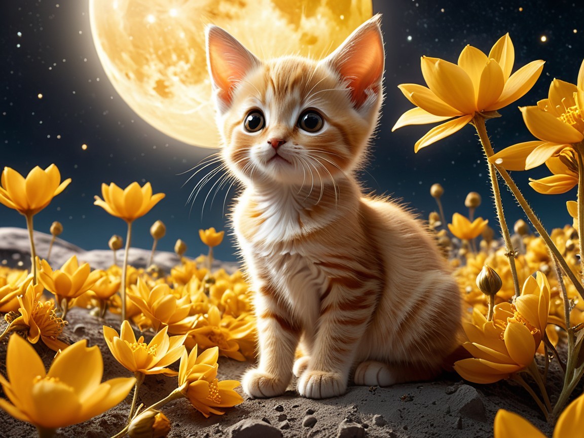 Orange Tabby Kitten in Yellow Flower Field at Night