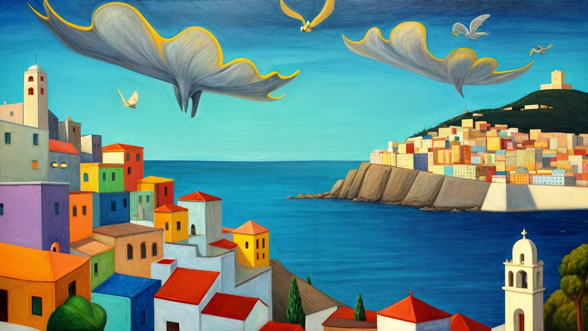 Vibrant Coastal Scene with Colorful Houses and Sea