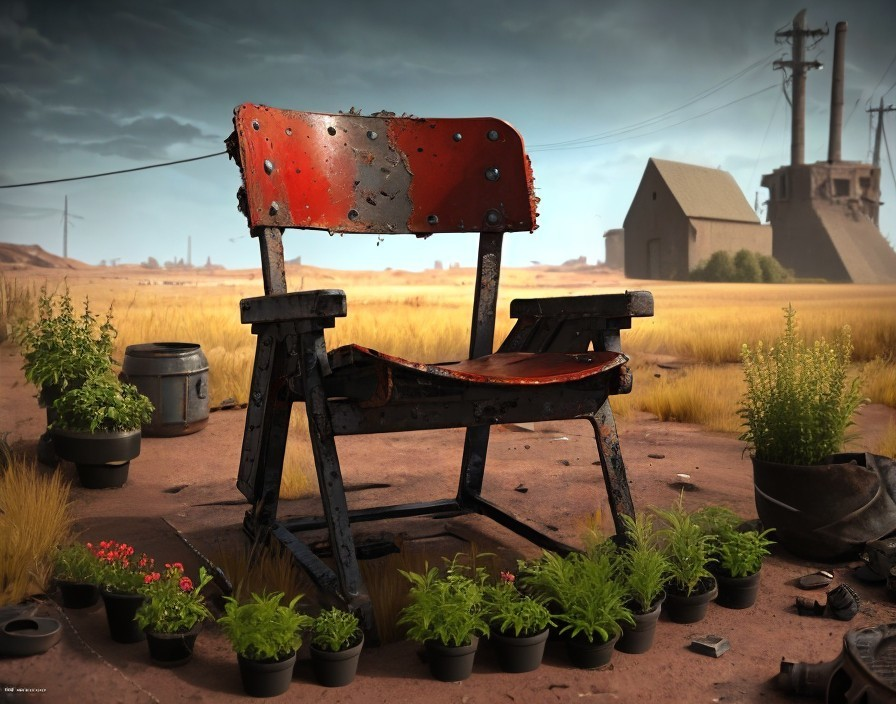 Weathered Red Chair in a Desolate Landscape