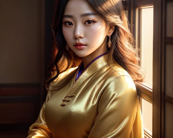 Traditional golden attire woman gazes pensively in warm sunlight.