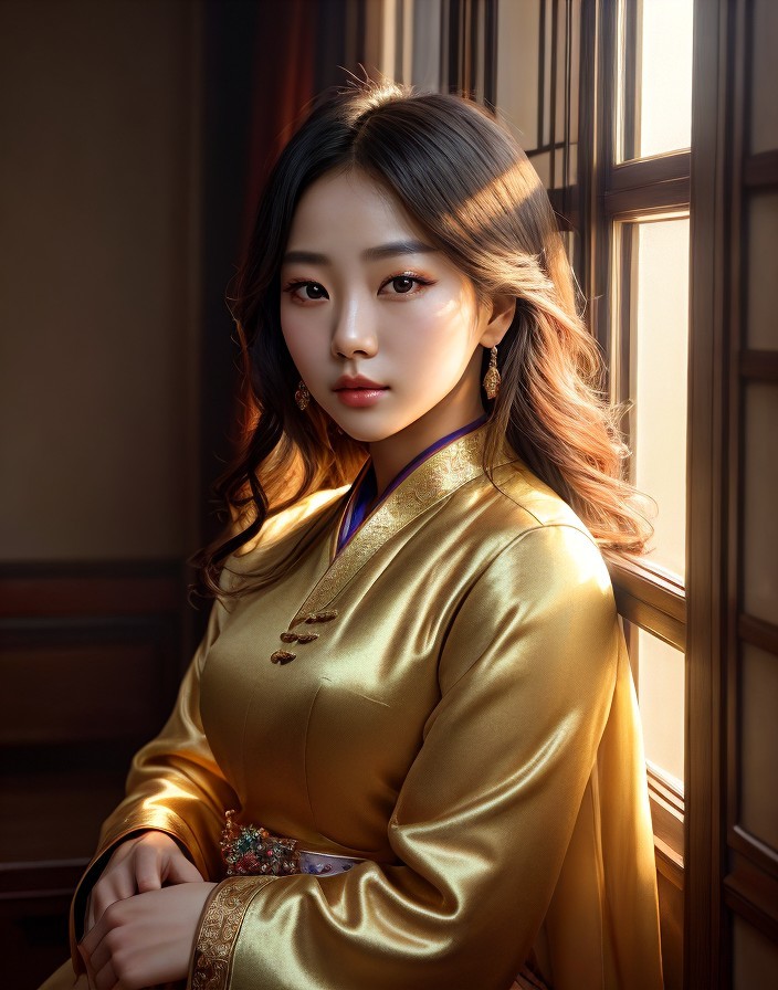 Traditional golden attire woman gazes pensively in warm sunlight.