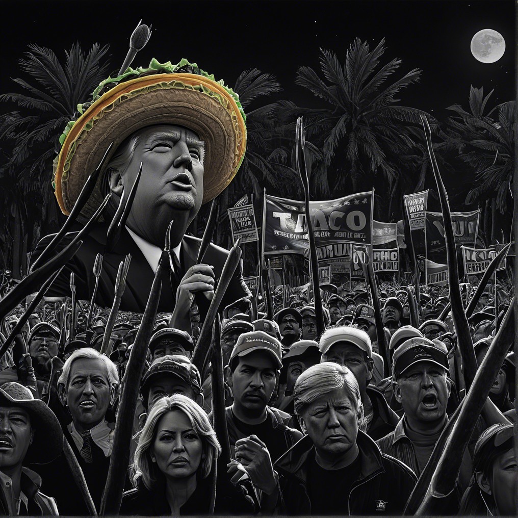 Surreal Protest Scene with Caricature and Diverse Crowd