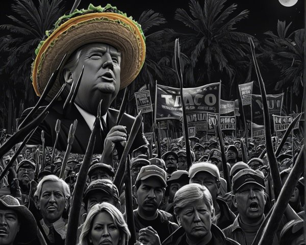 Surreal Protest Scene with Caricature and Diverse Crowd