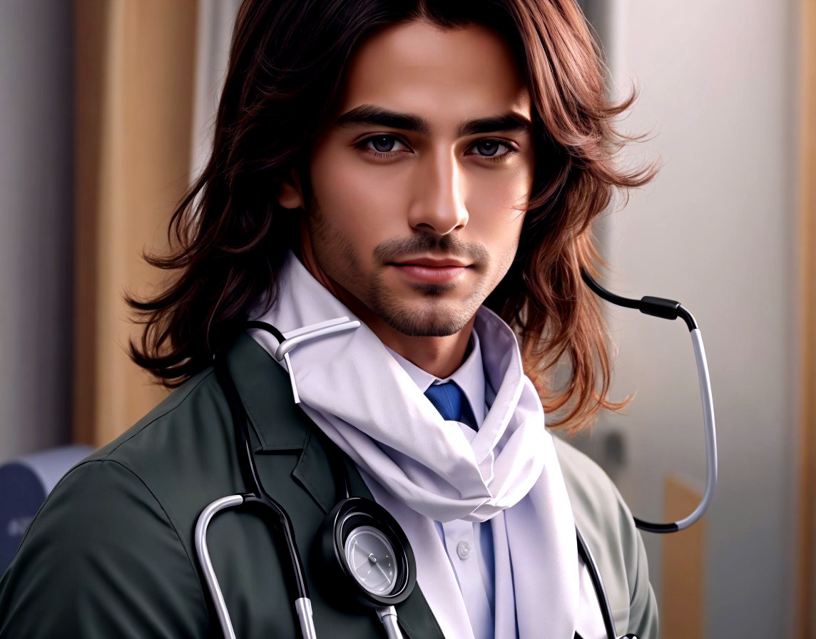 Digital artwork: Confident doctor with long wavy hair in white coat