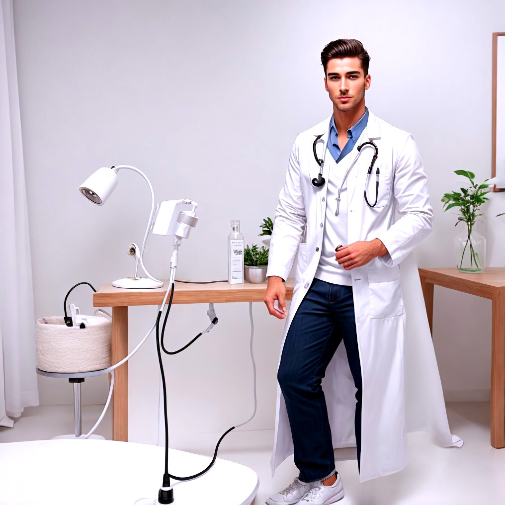 Male doctor in white coat with stethoscope in modern clinic room.