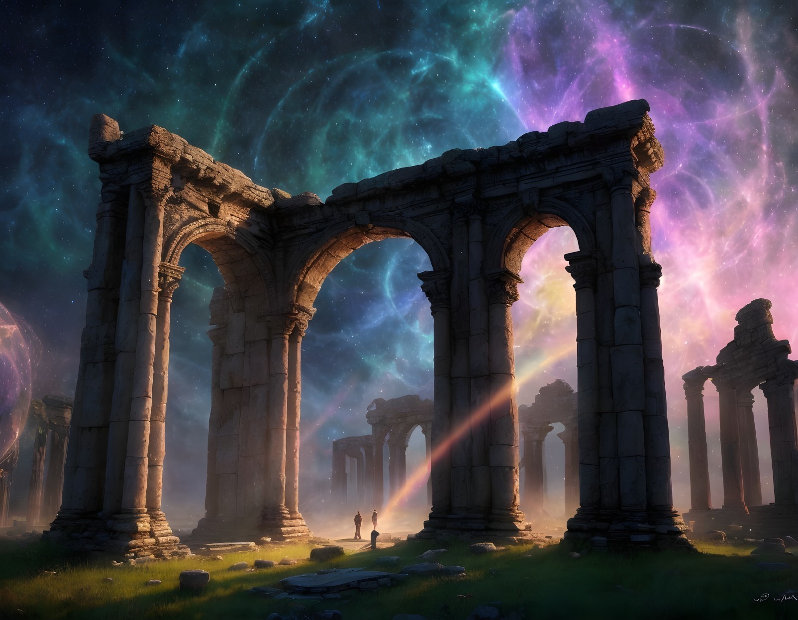 Ancient Stone Ruins Under Cosmic Backdrop and Glow
