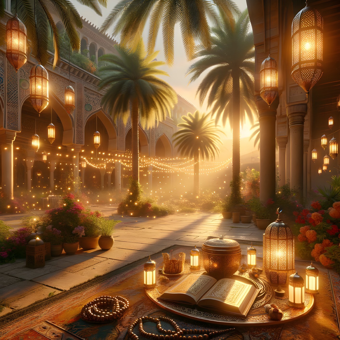 Enchanting Courtyard with Sunset and Twinkling Lights