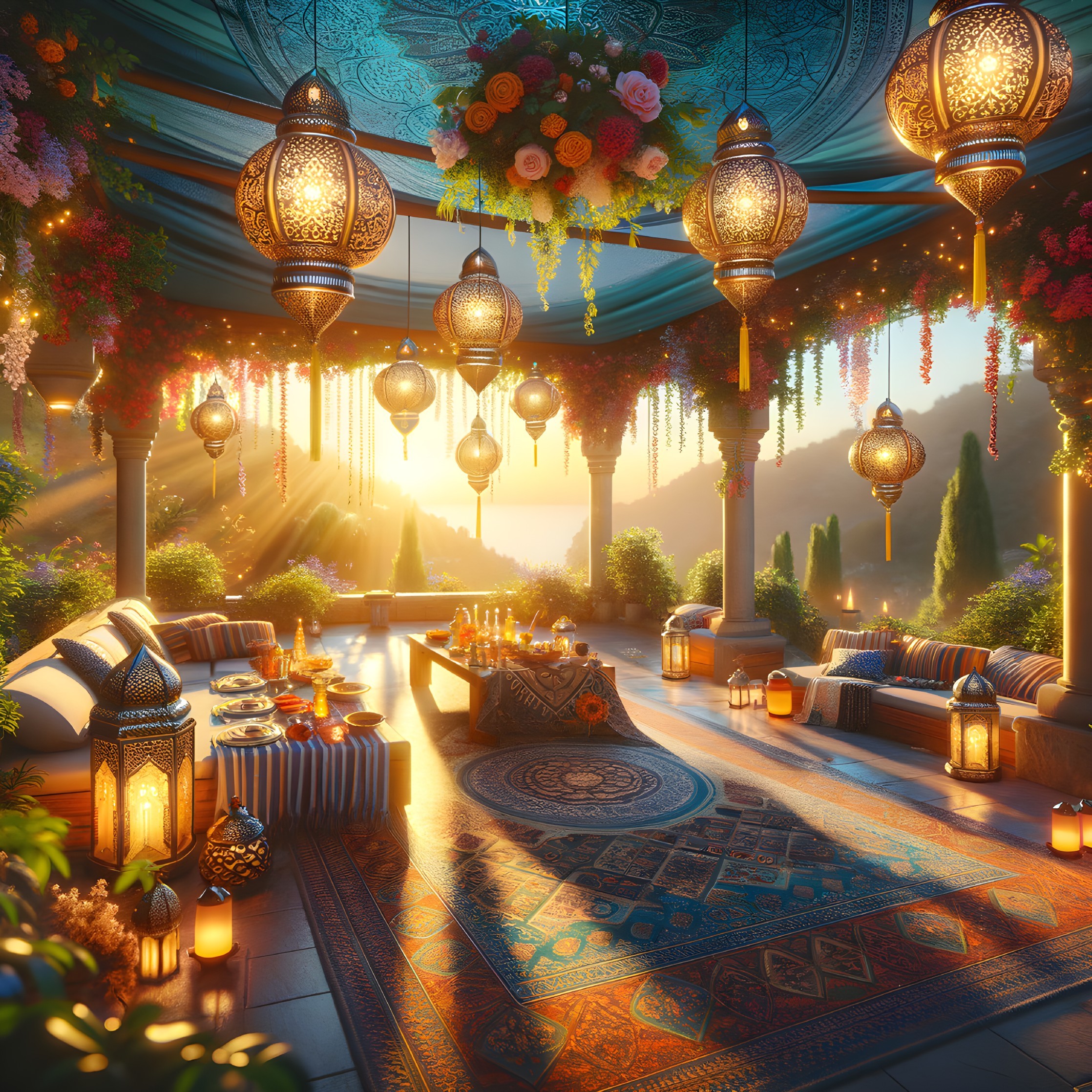Opulent Outdoor Dusk Setting with Lanterns and Flowers