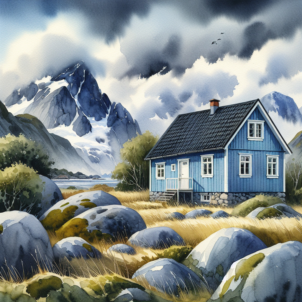 Blue House Amid Stones and Mountains in Watercolor