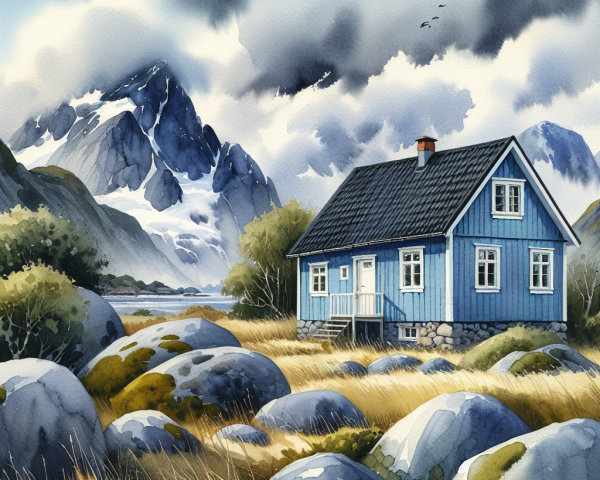 Blue House Amid Stones and Mountains in Watercolor