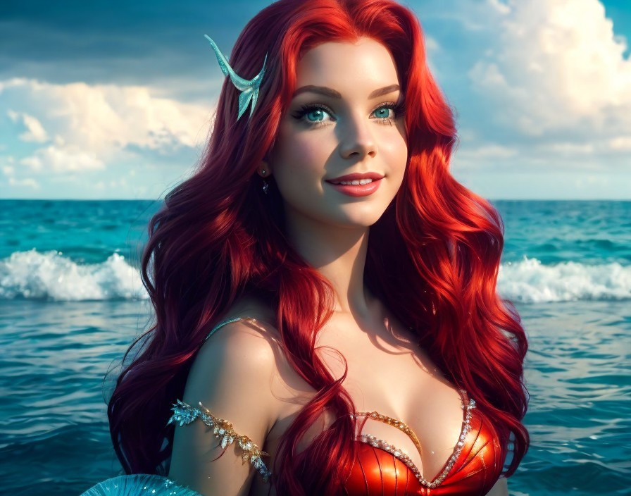 Vibrant Red-Haired Mermaid Artwork with Ocean Backdrop