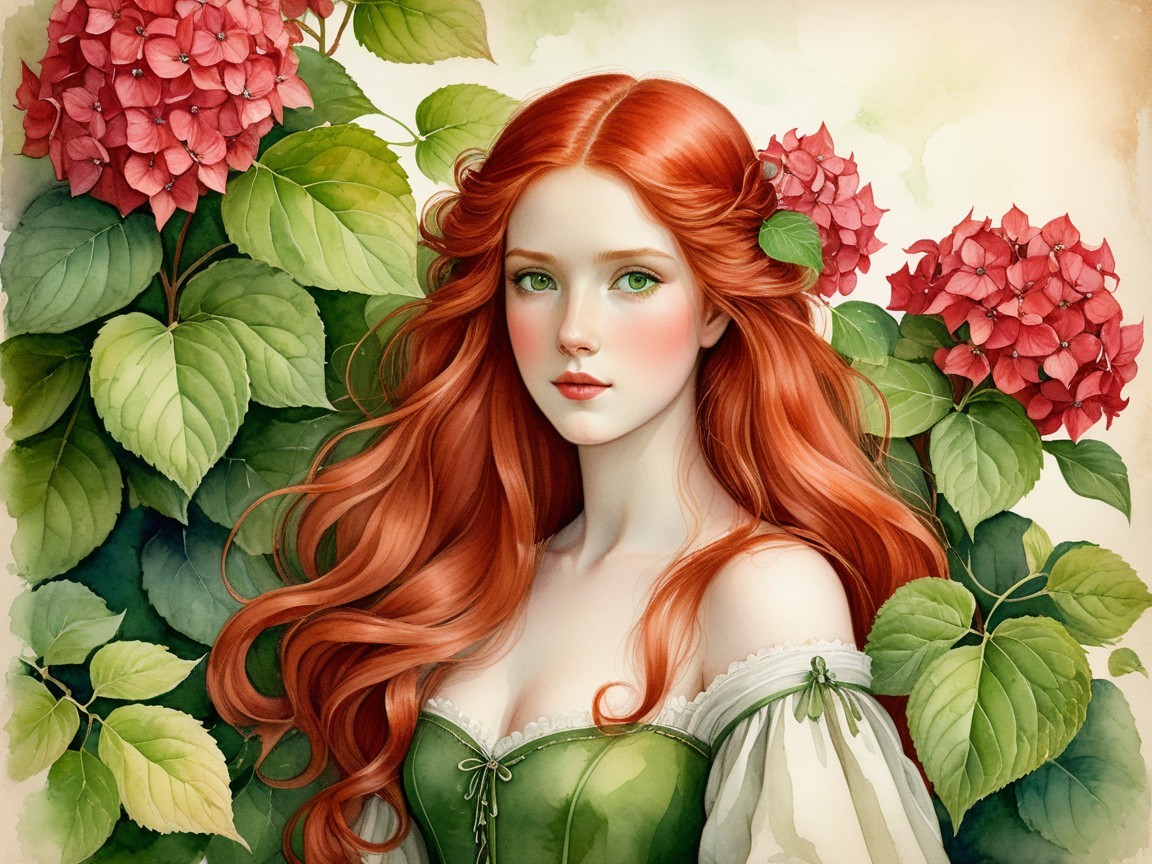 Young Woman in Green Dress Surrounded by Flowers