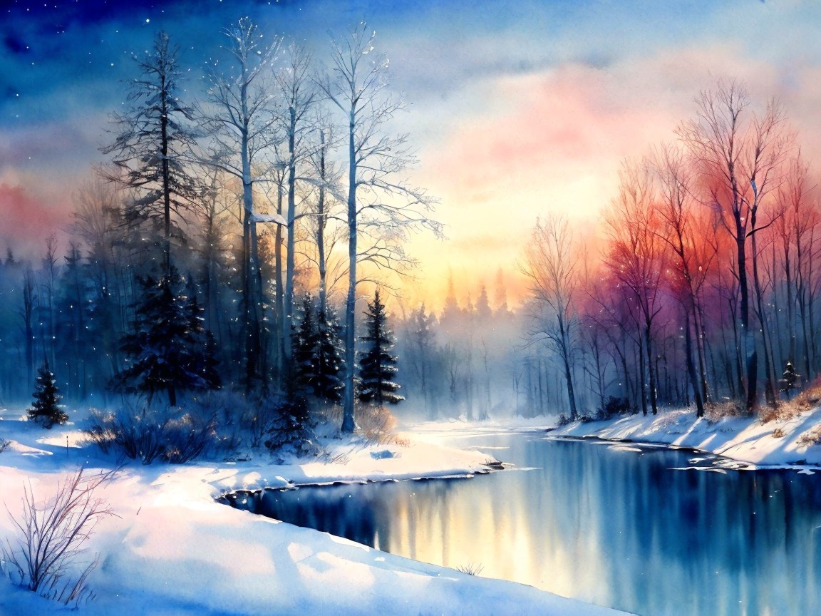 Winter Forest Watercolor with River at Dawn or Dusk